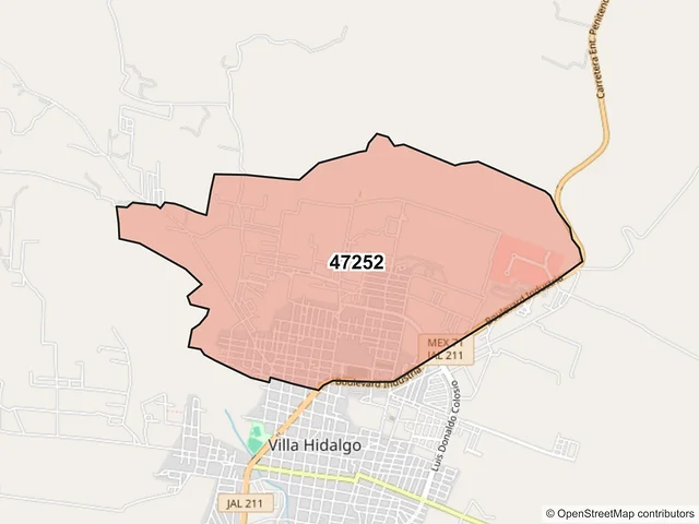 Mapa del código postal 47252, Villa Hidalgo, Jalisco