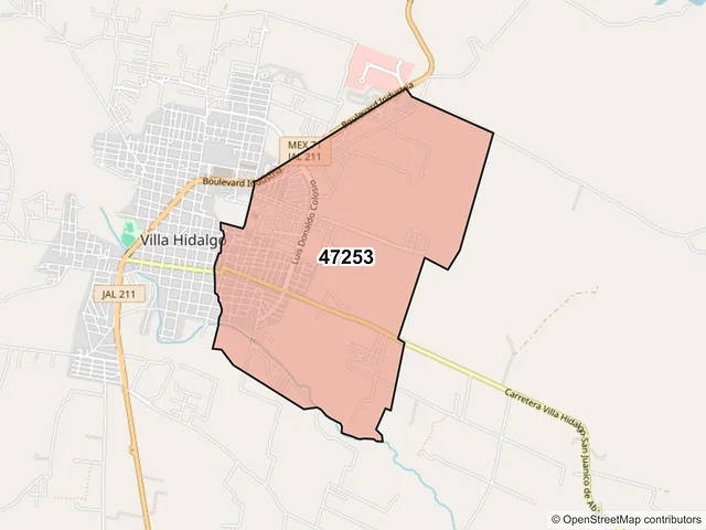 Mapa del código postal 47253, Villa Hidalgo, Jalisco