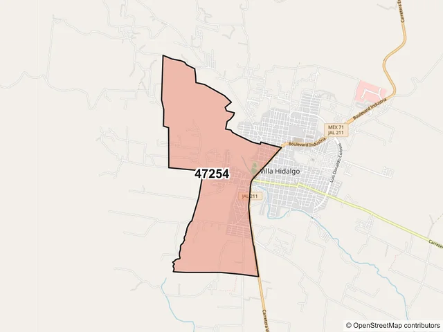 Mapa del código postal 47254, Villa Hidalgo, Jalisco