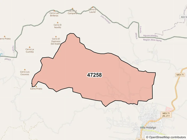 Mapa del código postal 47258, Villa Hidalgo, Jalisco