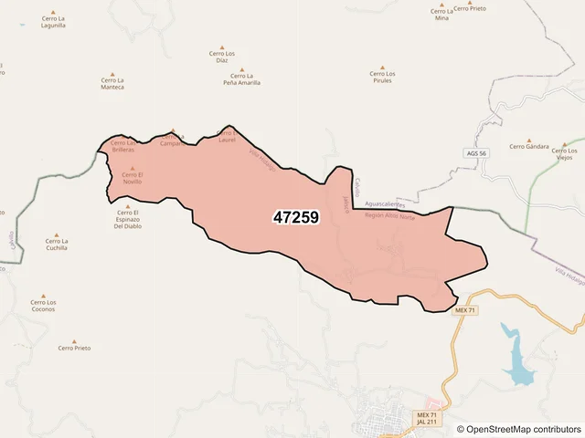 Mapa del código postal 47259, Villa Hidalgo, Jalisco
