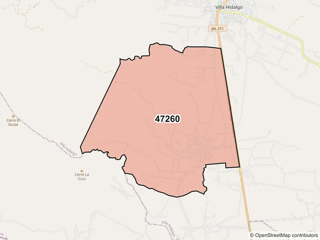 Mapa del código postal 47260, Villa Hidalgo, Jalisco