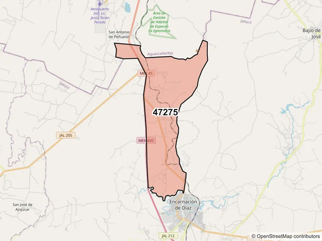 Mapa del código postal 47275, Encarnación de Díaz, Jalisco