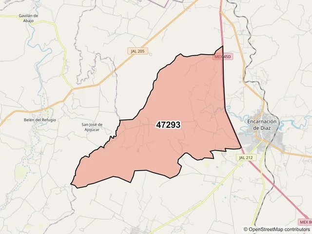 Mapa del código postal 47293, Encarnación de Díaz, Jalisco