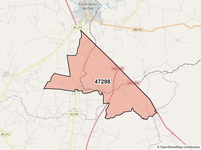Mapa del código postal 47298, Encarnación de Díaz, Jalisco