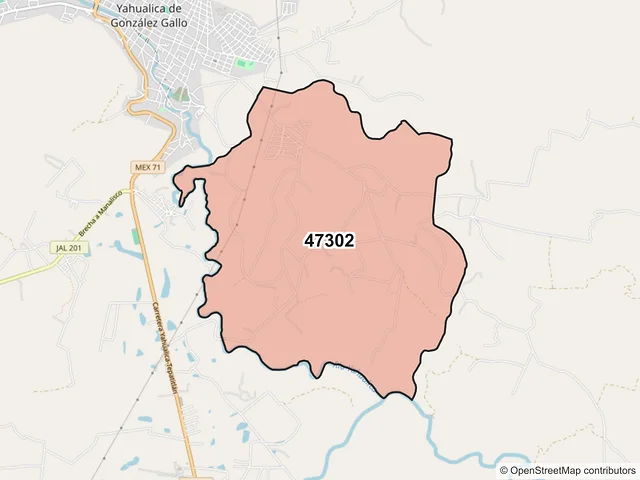 Mapa del código postal 47302, Yahualica de González Gallo, Jalisco