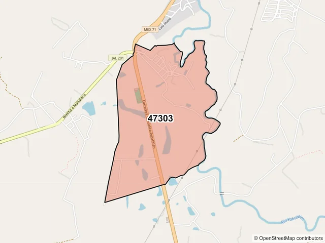 Mapa del código postal 47303, Yahualica de González Gallo, Jalisco