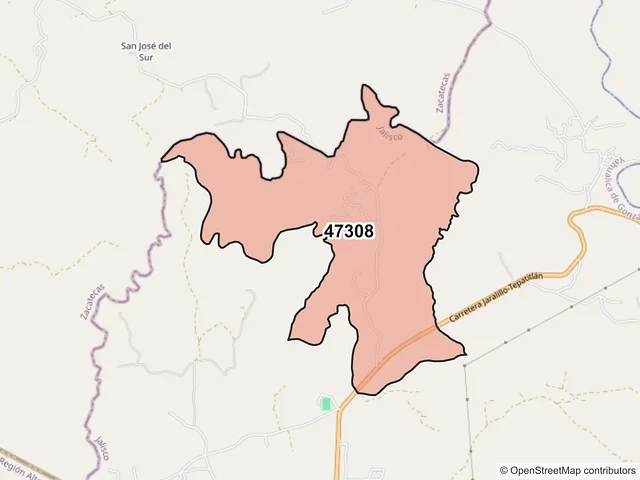 Mapa del código postal 47308, Yahualica de González Gallo, Jalisco