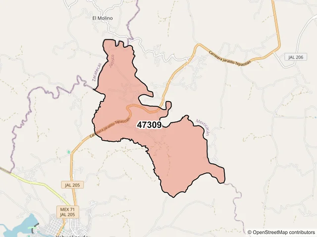 Mapa del código postal 47309, Yahualica de González Gallo, Jalisco