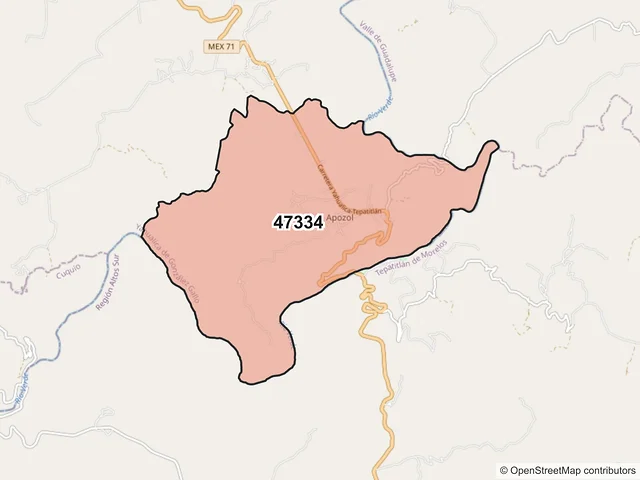 Mapa del código postal 47334, Yahualica de González Gallo, Jalisco