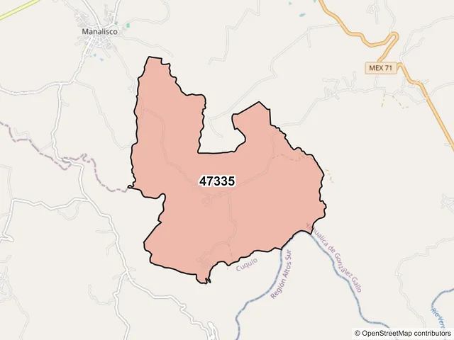 Mapa del código postal 47335, Yahualica de González Gallo, Jalisco