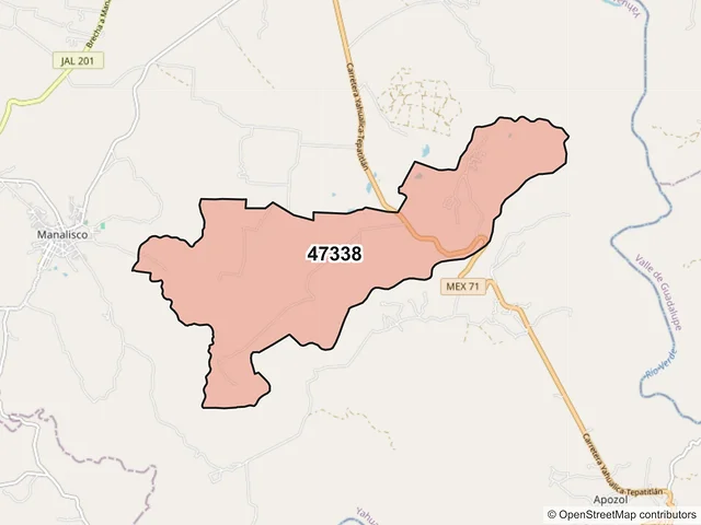 Mapa del código postal 47338, Yahualica de González Gallo, Jalisco