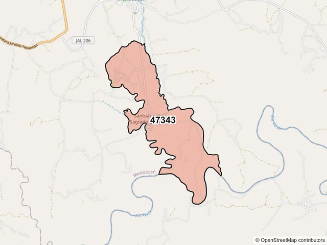 Mapa del código postal 47343, Mexticacán, Jalisco