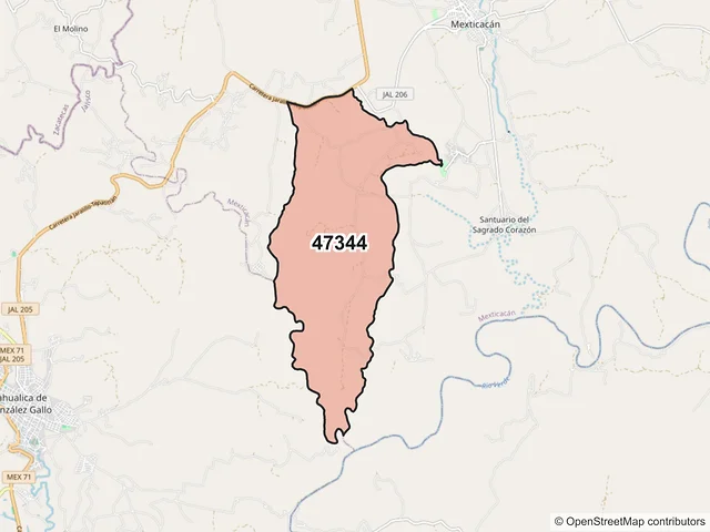 Mapa del código postal 47344, Mexticacán, Jalisco