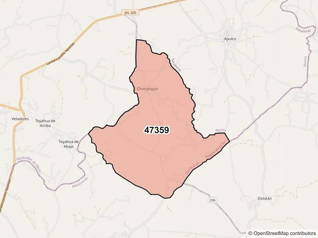 Mapa del código postal 47359, Mexticacán, Jalisco