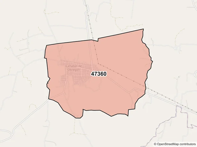 Mapa del código postal 47360, Cañadas de Obregón, Jalisco