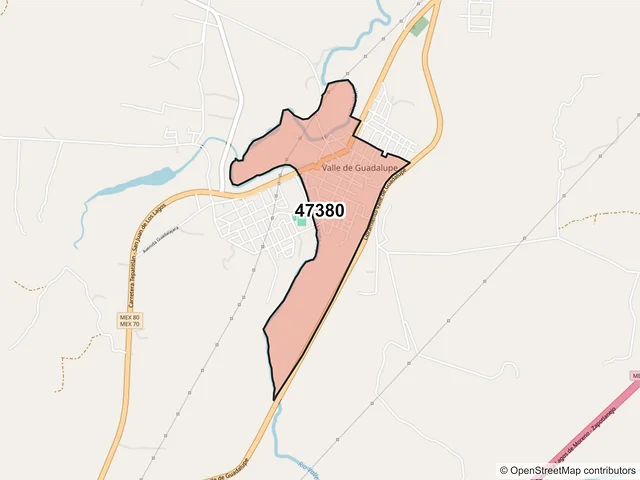 Mapa del código postal 47380, Valle de Guadalupe, Jalisco