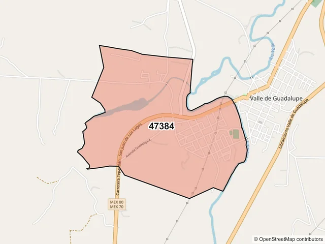 Mapa del código postal 47384, Valle de Guadalupe, Jalisco