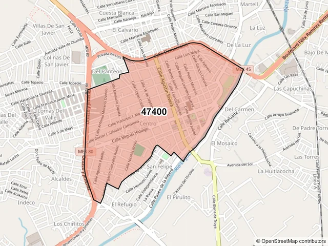 Mapa del código postal 47400, Lagos de Moreno, Jalisco