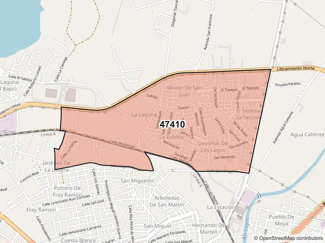 Mapa del código postal 47410, Lagos de Moreno, Jalisco