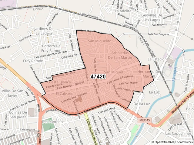 Mapa del código postal 47420, Lagos de Moreno, Jalisco