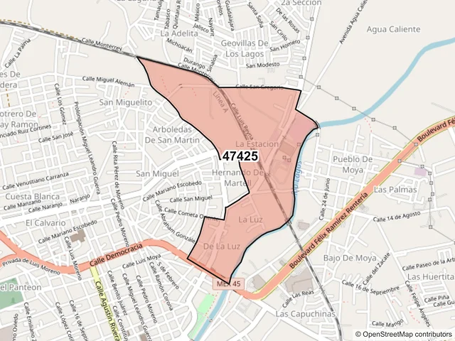 Mapa del código postal 47425, Lagos de Moreno, Jalisco