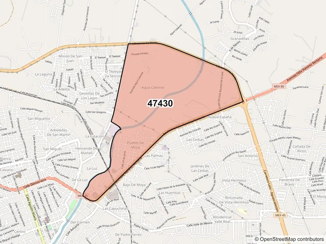 Mapa del código postal 47430, Lagos de Moreno, Jalisco