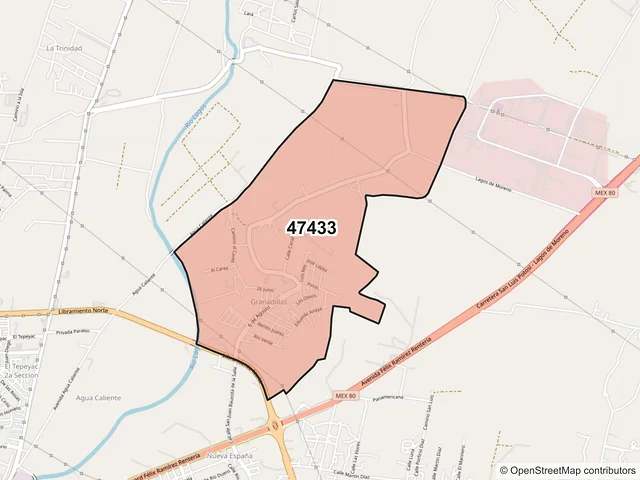 Mapa del código postal 47433, Lagos de Moreno, Jalisco