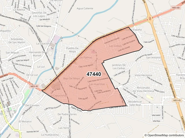 Mapa del código postal 47440, Lagos de Moreno, Jalisco