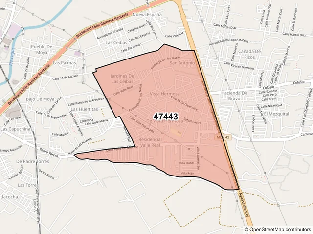 Mapa del código postal 47443, Lagos de Moreno, Jalisco