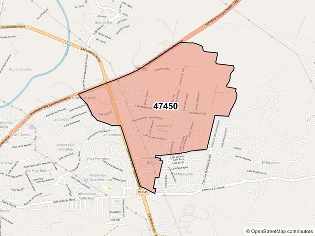 Mapa del código postal 47450, Lagos de Moreno, Jalisco