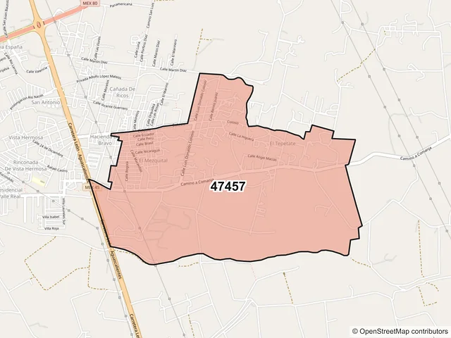 Mapa del código postal 47457, Lagos de Moreno, Jalisco