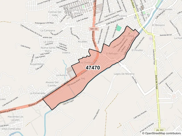 Mapa del código postal 47470, Lagos de Moreno, Jalisco