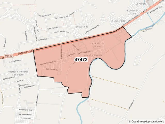 Mapa del código postal 47472, Lagos de Moreno, Jalisco