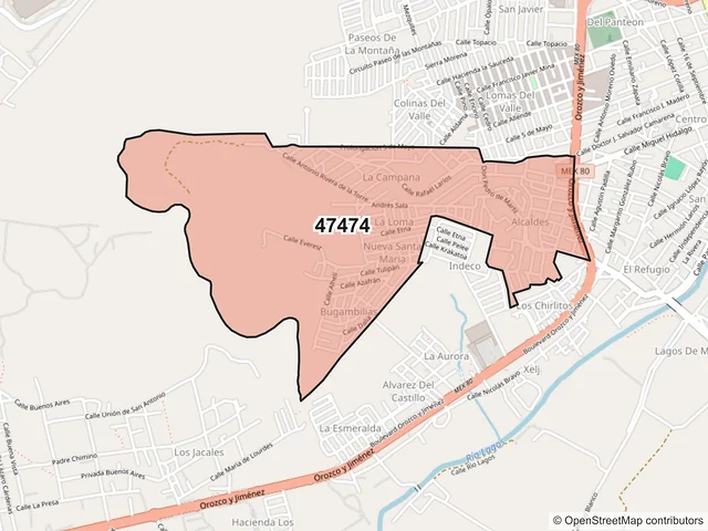 Mapa del código postal 47474, Lagos de Moreno, Jalisco