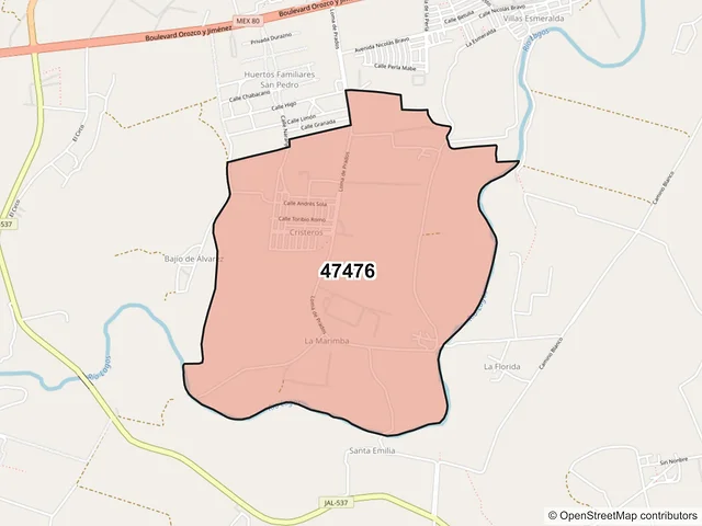 Mapa del código postal 47476, Lagos de Moreno, Jalisco