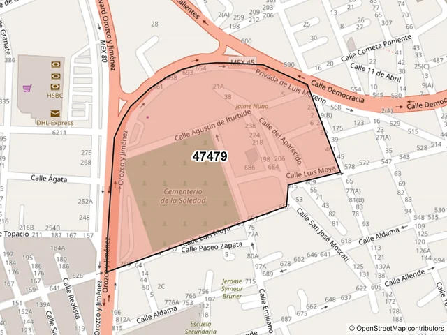 Mapa del código postal 47479, Lagos de Moreno, Jalisco