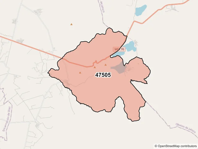 Mapa del código postal 47505, Lagos de Moreno, Jalisco