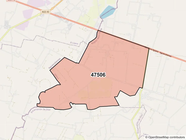 Mapa del código postal 47506, Lagos de Moreno, Jalisco