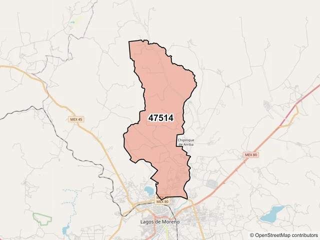 Mapa del código postal 47514, Lagos de Moreno, Jalisco