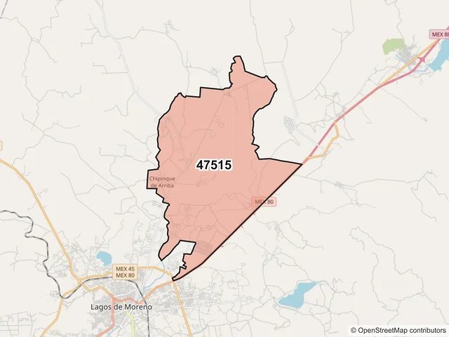 Mapa del código postal 47515, Lagos de Moreno, Jalisco