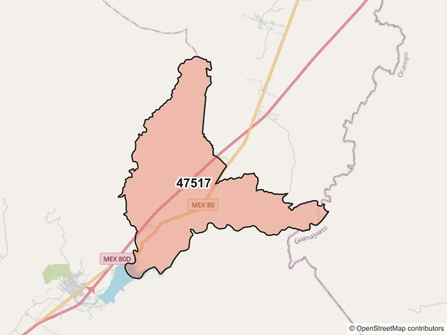 Mapa del código postal 47517, Lagos de Moreno, Jalisco