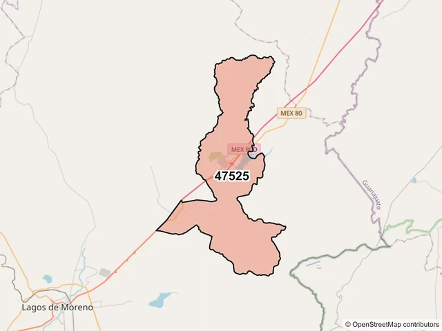 Mapa del código postal 47525, Lagos de Moreno, Jalisco