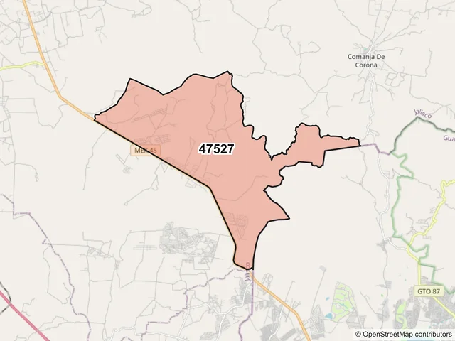 Mapa del código postal 47527, Lagos de Moreno, Jalisco