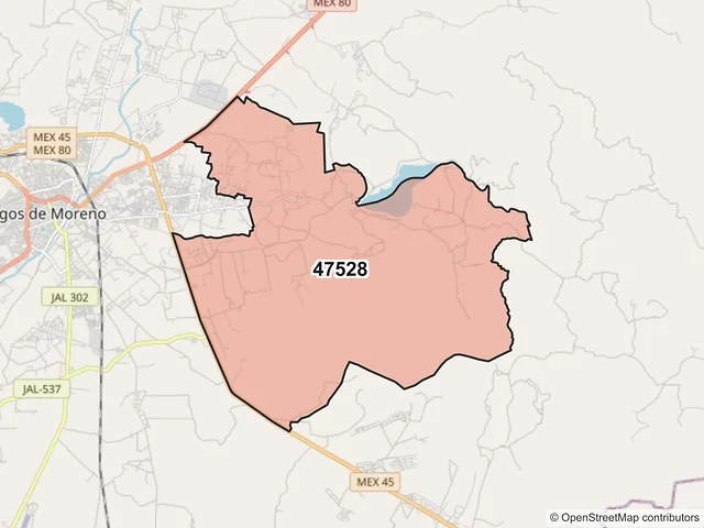 Mapa del código postal 47528, Lagos de Moreno, Jalisco