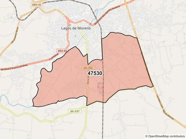 Mapa del código postal 47530, Lagos de Moreno, Jalisco