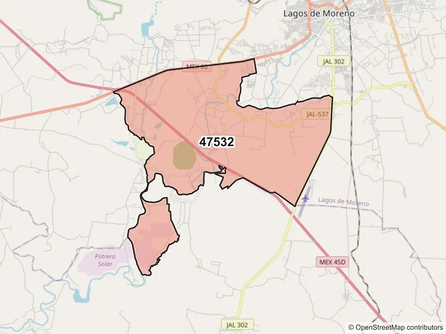 Mapa del código postal 47532, Lagos de Moreno, Jalisco
