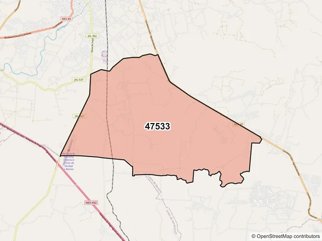 Mapa del código postal 47533, Lagos de Moreno, Jalisco