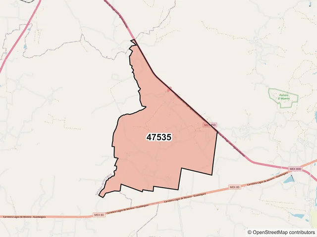 Mapa del código postal 47535, Lagos de Moreno, Jalisco