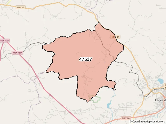 Mapa del código postal 47537, Lagos de Moreno, Jalisco